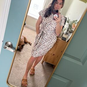 Leopard Print Tie-Waist Midi Dress in Cream with Pink Accents